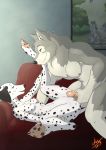  2019 anthro anthro_on_anthro athletic athletic_anthro athletic_male black_nose black_spots bodily_fluids breasts canid canine canis cum cum_leaking dalmatian digital_media_(artwork) domestic_dog duo erect_nipples eye_contact female female_on_anthro female_on_bottom fur furniture genital_fluids genitals grey_body grey_fur hi_res holding_penis imminent_sex inside intimate leg_grab legs_up looking_at_another looking_at_partner lying male male/female male_on_anthro male_on_top mammal navel nipples nude on_back on_bottom on_sofa on_top open_mouth pawpads paws penis pussy raised_leg romantic_ambiance romantic_couple small_breasts smile sofa spots spotted_body spotted_fur spread_legs spreading ukabor whiskers white_body white_fur wolf 