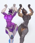^_^ abs andr_anubis anthro big_breasts bouncing_breasts breasts caramelldansen curvy_figure dancing digital_media_(artwork) duo elizabot eyes_closed female glowing glowing_eyes happy hip_bump machine meme nude open_mouth robot screen screen_face simple_background smile temils thick_thighs tongue tongue_out white_background wide_hips