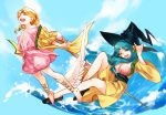  2girls aqua_hair barefoot blonde_hair bloomers blue_eyes blue_hair breasts floating foot_wings front_ponytail hat large_breasts long_hair magi_the_labyrinth_of_magic multiple_girls one_eye_closed pisti shell shell_bikini siruphial underwear water witch_hat yamuraiha 