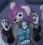 5_fingers absurd_res anthro arm_grab bear_plushie bed bedding bedroom belly belly_piercing black_arms black_claws black_nose black_pawpads blanket blue_background blue_bedding blue_bra blue_bustier blue_clothing blue_underwear blush blush_lines bodily_fluids bra brown_eyes bustier canid canine canis claws clothing detailed detailed_fur digital_media_(artwork) domestic_dog dominant dominant_male duo ear_piercing ear_ring female fingers first_person_view floppy_ears foreplay fur furniture golden_piercing hair hi_res holding_another holding_another's_arm jewelry looking_at_another looking_at_partner looking_at_viewer lying male male/female male_dominating_female mammal markings marks_on_body multicolored_body multicolored_fur navel on_back on_bed on_bedding open_mouth pawpads pendant piercing pillow pink_hair plushie ring_piercing saliva saliva_string shirt simple_background spots spotted_body spotted_fur spotted_markings squeezing stoneonamoss tail teeth tongue topwear two_colored_body two_colored_fur two_tone_body two_tone_fur underwear white_body white_fur