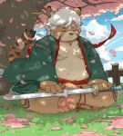  2020 anthro belly cherry_blossom cherry_tree clothed clothing eyes_closed felid feline fruit_tree humanoid_hands kemono male mammal moobs morian_xs nipples overweight overweight_anthro overweight_male plant sitting solo tree weapon 