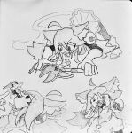 ambiguous_gender animal_humanoid anthro bell cat_humanoid deltarune duo extreme_size_difference felid felid_humanoid feline feline_humanoid female female/ambiguous greyscale hi_res humanoid mammal mammal_humanoid mew_mew_(undertale) monochrome pink_(deltarune) rii1040 rii_(rii1040) size_difference tongue tongue_out traditional_media_(artwork) undertale_(series) unknown_species unwilling_prey vore