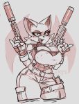  2019 abs anthro armor bare_shoulders belt big_breasts bottomwear breastplate breasts chiropteran cleavage clothed clothing colored_sketch curvy_figure dual_wielding eyelashes female gesture gloves grin gun hair handwear holding_object holding_weapon holster hourglass_figure huge_breasts looking_at_viewer mammal muscular muscular_anthro muscular_female pants pinky_out ranged_weapon rouge_the_bat sega short_hair silencer small_waist smile solo sonic_the_hedgehog_(series) teeth thick_thighs tongue video_games weapon wings zer0ember 