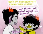 2014 2_horns 4_horns alien ambiguous_gender black_clothing black_hair black_topwear bruised bruised_face chibi cigarette cigarette_in_mouth clothing contact_lenses cronus_ampora duo ear_fins eyes_closed facial_scar fin gills grey_body grey_skin hair hair_over_eyes hashtag homestuck horn horned_humanoid humanoid lisp low_res male_(lore) messy_hair mituna_captor ms_paint_adventures multi_horn neck_gills not_furry object_in_mouth obscured_eyes orange_horn pink_background puni_(artist) purple_mouth scar sharp_teeth shirt short_hair simple_background sparkles t-shirt teeth tongue topwear troll_(homestuck) typing_quirk white_clothing white_shirt white_t-shirt white_topwear yellow_clothing yellow_mouth yellow_tongue yellow_topwear