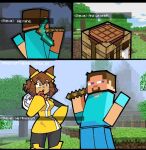 1_eye 3d_(artwork) 3d_background anthro armor armwear block blocky_body blue_clothing blue_eyes brown_hair clothing comic crafting_table crossover dialogue diamond_pickaxe digital_media_(artwork) domestic_cat dress duo elbow_gloves english_text facial_hair felid feline felis female foggy_background gameoverse gauntlets glitch_productions gloves goatee hair hand_on_hip handwear human kaboodle_(gameoverse) kit_bodega machine male mammal microsoft minecraft mixed_media mojang outside pink_eyes plant robot shaded shirt skinsuit sky small_waist standing steve_(minecraft) text tight_clothing topwear tree unknown_artist whiskers xbox_game_studios yellow_clothing