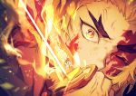  1boy anger_vein black_hair black_jacket blonde_hair closed_mouth face fighting_stance fire forked_eyebrows glowing glowing_weapon holding holding_weapon jacket katana kimetsu_no_yaiba long_hair looking_at_viewer male_focus multicolored_hair one_eye_closed red_hair rengoku_kyoujurou solo sword two-tone_hair weapon yuuki_sawano 