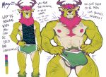 2026 5_fingers absurd_res accessory anthro antlers armpit_hair ball_slip balls body_hair bottomwear clothed clothing colored countershading deer digital_drawing_(artwork) digital_media_(artwork) ear_piercing ear_ring emanata english_text eyebrows fingers front_view fur genitals green_body green_fur growth hair hairy_balls half-closed_eyes hand_on_hip hi_res highlights_(coloring) horn hotpants looking_at_viewer low-angle_view male mammal mullet murizy muscle_growth muscular muscular_male nails narrowed_eyebrow narrowed_eyes neck_tuft nipples pattern_clothing pattern_topwear piercing pubes raised_eyebrow ring_piercing shirt shorts simple_background smile smirk solo striped_clothing stripes tank_top teeth text tight_clothing topwear torn_clothing tuft watermark white_background wristband