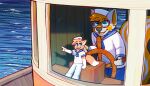 2026 absurd_res blue_eyes boat_wheel clothing colored crownedvictory digital_media_(artwork) duo eyewear fur gesture glasses hand_gesture hat headgear headwear hi_res on_boat orange_body orange_fur pointing procreate_(artwork) sailing_ship sailing_watercraft sailor_cap sailor_uniform shaded ship simple_background size_difference steering_wheel textured_background uniform vehicle watercraft wearing_glasses