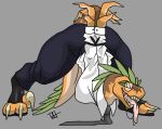accessory anthro arms_tied ass_up bottomwear bound bulge butt claws clothed clothing digitigrade dinosaur dromaeosaurid eyewear feather_hair feathers felix_(raptor_felix) glasses hi_res male necktie pants prehistoric_species pseudo_hair raptor_felix reptile saurischian scalie shirt sickle_claw solo tail tail_feathers theropod toe_claws topwear