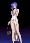  1girl absurdres azur_lane backless_dress backless_outfit bag bangs bare_shoulders blue_hair blue_nails breasts cleavage dress earrings eeyoosekedooaat evening_gown halter_dress handbag highres holding holding_bag huge_filesize jewelry large_breasts long_dress necklace plunging_neckline red_eyes revealing_clothes side_ponytail side_slit sidelocks silver_dress sleeveless sleeveless_dress solo st._louis_(azur_lane) st._louis_(luxurious_wheels)_(azur_lane) thighs 