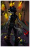 absurd_res anthro axe belt black_belt black_body black_bottomwear black_clothing black_ears black_fur black_hair black_nose black_pants blurred_background border bottomwear canid canine clothed clothing fire fur green_eyes hair hi_res holding_axe holding_object male male_anthro mammal oselotti pants rear_view short_hair slim_anthro slim_male solo standing tail topless white_body white_border white_fur white_tail