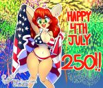 2026 4th_of_july american_flag american_flag_bikini anthro big_breasts bikini breasts brown_body brown_fur clothing curvy_figure deer female fireworks flag flag_(object) flag_bikini flag_swimwear fur green_eyes hair hi_res holding_flag holding_object holidays hourglass_figure mammal midriff navel open_mouth piercing red_hair solo sophie_(forest_fever) swimwear the_blondeh thick_thighs two-piece_swimsuit united_states_of_america