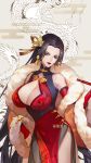  1girl bare_shoulders black_hair blue_eyes boa_hancock breasts china_dress chinese_clothes cleavage cleavage_cutout clothing_cutout cowboy_shot dragon dress dywx_poison earrings hand_on_hip head_tilt highres holding huge_breasts jewelry kiseru lipstick long_hair makeup one_piece pelvic_curtain pipe side_slit smile snake_earrings solo 