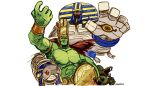  anakaris capcom darkstalkers demon duo eye_on_hand green_body green_skin headgear hi_res humanoid male michafrar mummy ogre_(tekken) pharaoh red_eyes reptile royalty scalie shield snake tekken undead video_games wrapped_up 