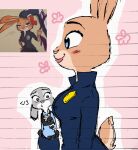 2026 4_fingers absurd_res anthro belt belt_pouch beta_design beta_judy_hopps black_belt black_clothing black_eyebrows black_gloves black_handwear blue_bottomwear blue_clothing blue_eyes blue_jacket blue_pants blue_shirt blue_topwear bottomwear breast_envy breast_size_difference breasts broken_heart closed_smile clothed clothed_anthro clothed_female clothing colored colored_sketch countershade_face countershade_fur countershade_hands countershade_neck countershading digital_drawing_(artwork) digital_media_(artwork) disney duo e621_post_recursion ears_down emoticon envy european_rabbit eye_markings eyebrows eyelashes female female_anthro fingerless_gloves fingers flat_colors flower fur gloves grey_body grey_ears grey_fur half-length_portrait handwear hi_res jacket judy_hopps lagomorph leporid lips looking_at_another looking_at_another's_breasts looking_at_breasts mammal markings medium_breasts mouth_closed oryctolagus pants pink_background pink_emanata pink_flowers pink_lips pink_nose pivoted_ears plant police police_badge police_officer police_uniform portrait pouting purple_eyes rabbit reference_image shirt side_view simple_background sketch smile square_crossover sunnypompom06 tail tan_body tan_countershading tan_ears tan_fur tan_tail topwear uniform utility_belt white_body white_countershading zootopia