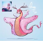 2025 absurd_res alien ambassador_questa antennae_(anatomy) belly blue_background disney elio_(pixar) female feral flying hi_res looking_at_viewer pink_antennae pink_body pink_tail pink_wings pixar purple_spots purple_wings reference_image simple_background solo spots tail tan_belly watermark windspan wings yellow_eyes