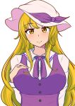  1girl blonde_hair blush breasts buttons closed_mouth collared_shirt commentary_request dress eyebrows_visible_through_hair eyebrows_visible_through_hat hand_on_own_chest hat hat_ribbon highres kim0501 large_breasts long_hair long_sleeves looking_at_viewer purple_dress purple_neckwear purple_ribbon ribbon shirt simple_background smile solo touhou upper_body watatsuki_no_toyohime white_background white_headwear white_shirt yellow_eyes 
