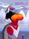 3:4 abs absurd_res angry anthro areola big_breasts big_nipples blueondrive breasts censored_text clothed clothing cross-popping_vein curvy_figure digital_media_(artwork) elizabot female glare glowing glowing_eyes gradient_body hands_on_hips hi_res huge_breasts machine nipple_piercing nipples open_mouth piercing profanity robot screen screen_face solo standing tail text thick_thighs wardrobe_malfunction wide_hips