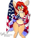 2026 4th_of_july absurd_res american_flag american_flag_bikini anthro big_breasts bikini breasts brown_body brown_fur clothing curvy_figure deer female flag flag_(object) flag_bikini flag_swimwear fur green_eyes hair hi_res holding_flag holding_object holidays hourglass_figure mammal midriff navel open_mouth piercing red_hair simple_background solo sophie_(forest_fever) swimwear the_blondeh thick_thighs two-piece_swimsuit united_states_of_america white_background
