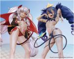  2girls 3d :q absurdres arm_strap armpits bare_shoulders bikini blue_bikini bombergirl breasts cameltoe commentary_request crown dark_persona demon_girl demon_horns demon_tail demon_wings drill_hair evo_grim fangs feet_out_of_frame grim_aloe hair_between_eyes heart heart-shaped_pupils heart_tail heart_tattoo highres horns jacket leslyzerosix lewisia_aquablue long_hair looking_at_viewer low_wings multiple_girls naughty_face navel off_shoulder open_clothes open_jacket open_mouth pointing pubic_tattoo quiz_magic_academy red_bikini red_eyes red_horns red_swimsuit red_tail red_wings silver_hair skindentation small_breasts swimsuit symbol-shaped_pupils tail tattoo teeth tongue tongue_out twin_drills twintails wet white_hair wings yellow_eyes 