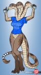 3_heads anthro blue_eyes bottle bottomless bottomless_anthro bottomless_female breasts claws clothed clothing container countershade_arms countershade_neck countershade_tail countershade_torso countershading curvy_figure diamond_pattern digitigrade drinking drinking_water european_mythology female finger_claws gradient_background greek_mythology hi_res hourglass_figure hydra long_tail looking_at_viewer markings multi_head mythology non-mammal_breasts pit_viper predaguy rattle_(anatomy) rattlesnake reptile scales scalie shirt shirt_only simple_background snake spots spotted_body stay_hydrated striped_markings striped_tail stripes t-shirt t-shirt_only tail tail_markings text text_on_clothing text_on_shirt text_on_topwear toe_claws topwear topwear_only trini_(tenpoundhammer) viper water water_bottle
