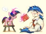 accessory book brother_(lore) brother_and_sister_(lore) duo equid equine female feral fetlocks friendship_is_magic furniture glowing glowing_horn hasbro hi_res hooves horn kiss_mark magic male mammal my_little_pony mythological_creature mythological_equine mythology necktie nervous shining_armor_(mlp) sibling_(lore) simple_background sister_(lore) stool suspicious telekinesis twilight_sparkle_(mlp) unclechai unicorn