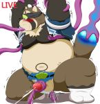  2020 anthro aosano_tenpura balls blush brown_body brown_fur canid canine fur genitals hi_res kemono live-a-hero male mammal moobs navel nipples overweight overweight_male penis raccoon_dog shoen tanuki tentacles video_games 