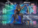 anthro apalis_(zerohours) avian avian_feet bird cd_projekt_red city city_background cybernetic_limb cybernetics cyberpunk cyberpunk_2077 english_text falcon falconid feather_hair feathers hi_res kestrel looking_at_viewer machine mantis_blades neon_lights night pseudo_hair reflection sandevistan solo text three-point_landing zerohours