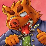  1:1 2015 anthro blush brown_body brown_fur clothing fur hachisan5656 hi_res humanoid_hands kemono licking male mammal musical_instrument portrait shirt solo suid suina sus_(pig) tongue tongue_out topwear wild_boar 
