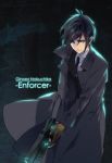  1boy black_hair blue_eyes character_name dominator_(gun) formal ginoza_nobuchika gloves gun holding holding_gun holding_weapon long_coat male_focus necktie psycho-pass siruphial solo suit trench_coat weapon 