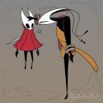1:1 2026 2_horns absurd_res ambiguous_gender antennae_(anatomy) anthro arthropod biped black_body black_eyes cloak clothed clothing dialogue duo empty_eyes english_text eyelashes hi_res holding_another hollow_knight:_silksong hollow_knight_(franchise) horn hornet_(hollow_knight) looking_at_another melee_weapon red_cloak red_clothing shakra_(hollow_knight:_silksong) standing team_cherry text thebeakedrook weapon weapon_on_back