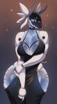 absurd_res anthro big_breasts blue_breasts blush breast_squish breasts chain chain_jewelry cleavage clothed clothing collar digital_media_(artwork) dress elizabot emmyliquid female glistening glistening_breasts gold_(metal) gold_chain hi_res holding_own_arm hollow_hip_backless_chain_dress huge_breasts looking_down machine meme meme_clothing robot screen screen_face shy simple_background solo squish thick_thighs