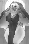  2:3 anthro bella_(terraapple) big_breasts bovid breasts caprine cleavage clothed clothing facial_piercing female hi_res mammal monochrome nose_piercing piercing rice324 septum_piercing solo text thick_thighs url wide_hips 