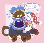 2026 absurd_res anthro anthrofied blush bow_tie brown_body brown_fur cape clothed clothed_anthro clothing covered_mouth duo fangs fool's_hat forked_tongue fully_clothed fully_clothed_anthro fur hat headgear headwear heart_symbol hi_res holding_another kirby_(series) kittipaws long_tongue looking_at_another magolor male male/male marx_(kirby) nintendo overweight overweight_anthro overweight_male pink_body pink_fur purple_eyes romantic romantic_couple short_tail side_hug simple_background small_tail smile tail teeth text thought_bubble tongue whiskers yellow_eyes