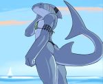  anthro bikini black_eyes bra breasts butt clothed clothing cute_fangs f_draws female fin fish gills grey_body grey_skin head_fin hi_res marine non-mammal_breasts outside sea selene_(f_draws) shark sharp_teeth ship skimpy solo swimwear tail_fin tattoo teeth thick_tail underwear vehicle water watercraft 