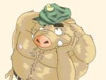  2014 4:3 anthro belly bodily_fluids brown_body brown_fur fur hachisan5656 humanoid_hands kemono male mammal moobs nipples overweight overweight_anthro overweight_male simple_background solo suid suina sus_(pig) sweat wild_boar 