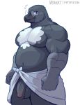 2026 anthro avian balls beak belly big_belly big_muscles bird black_eyes corvid eyewear feathers flaccid foreskin genitals glasses hi_res male moobs multicolored_body multicolored_feathers muscular muscular_male navel nipples oscine overweight overweight_male passerine patreon pecs penis scuted_arms scutes solo surprised towel towel_only vein voviat wearing_glasses