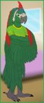  2019 9:21 anthro avian beak bird blue_body blue_eyes blue_feathers blurred_background breasts claws clothed clothing crown feather_hair feathered_wings feathers female fur green_body green_feathers green_fur grey_body hand_on_arm hi_res jade(zypter) looking_at_viewer macaw neotropical_parrot non-mammal_breasts parrot pseudo_hair red_body red_feathers red_shouldered_macaw shirt solo standing tail_feathers talons text tiara toe_claws topwear true_parrot winged_arms wings zypter 