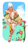  1boy bare_shoulders chin_rest crossed_legs dark_skin dark_skinned_male green_eyes magi_the_labyrinth_of_magic male_focus saber_(weapon) sandals sharrkan siruphial sitting smile solo sword weapon white_hair 