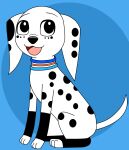 101_dalmatian_street 101_dalmatians 2018 black_nose black_spots blue_background blue_collar canid canine canis collar dalmatian disney dolly_(101_dalmatians) domestic_dog female feral floppy_ears freckled_face freckles fur kitsune257 leg_markings long_ears mammal markings orange_collar simple_background sitting socks_(marking) solo spots spotted_body spotted_fur white_body white_fur