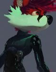anthro black_bodysuit black_clothing black_latex black_nose black_skinsuit bodysuit canid canine cheek_tuft clothed clothing duncan_(oselotti) facial_tuft fox front_view fur hair half-length_portrait hi_res latex latex_bodysuit latex_clothing latex_skinsuit male male_anthro mammal oselotti portrait red_body red_eyes red_fur red_hair signature simple_background skinsuit slim_anthro slim_male solo tight_clothing tuft white_body white_fur