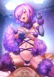  1boy 1girl absurdres bangs blush breasts claw_pose dangerous_beast elbow_gloves fate/grand_order fate_(series) fur-trimmed_gloves fur-trimmed_legwear fur_collar fur_trim girl_on_top gloves hair_over_one_eye halloween_costume hetero highres large_breasts light_purple_hair looking_at_viewer mash_kyrielight mishima_saiko navel o-ring open_mouth purple_eyes purple_gloves purple_legwear revealing_clothes short_hair smile straddling tail thighhighs wolf_tail 