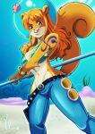 absurd_res anthro bikini_bottom_(location) blue_bottomwear blue_clothing blue_pants bottomwear brown_hair bubble_helmet buckteeth clothing green_bikini_top hair hi_res long_hair mammal nami_(one_piece) navel nickelodeon one_piece pants rodent rodolfoslime sandy_cheeks sciurid signature spongebob_squarepants staff tail teeth tree_squirrel