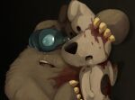 anthro blood blood_from_mouth blood_in_mouth blood_on_face blood_on_hand bodily_fluids brown_body brown_fur canid canine canis crying death domestic_dog duo eulipotyphlan eyewear fur goggles grey_body grey_fur hi_res holding_another kretes male mammal mole_(animal) open_mouth przygody_reksia reksio tears teeth teeth_showing tongue torivic white_body white_fur