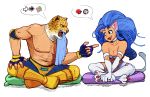  animal_humanoid big_hair blue_eyes blue_hair capcom cat_humanoid clothed clothing crossed_legs darkstalkers duo felicia_(darkstalkers) felid felid_humanoid feline feline_humanoid female fur gesture hair hands_on_lap hi_res human humanoid king_(tekken) male mammal mammal_humanoid mask michafrar pillow pointing speech_bubble tekken topless towel video_games white_body white_fur yellow_eyes 