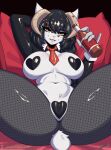 accessory amariss_(dusksaint) big_breasts black_hair bottle bovid breasts camel_toe caprine clothing container costume crotchless_clothing female fishnet_clothing fishnet_leggings fishnet_legwear freckled_breasts freckled_face freckles front_view glass_bottle goat hair hi_res holding_bottle holding_container holding_object horizontal_pupils horn leggings legwear looking_at_viewer lyorenth-the-dragon maebari mammal necktie pasties pupils reverse_bunny_costume shirt_collar short_tail sleeves smile spread_legs spreading tail