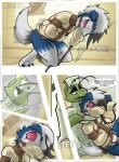 ankle_cuffs anthro asylum bdsm biped bondage bound chokehold comic cuff_(restraint) dialogue duo edgar_munroe english_text evil_face evil_grin feet generation_1_pokemon generation_7_pokemon hi_res latex_straitjacket lycanroc male male/male midnight_lycanroc muzzle_(object) muzzled nintendo padded_room paws pokemon pokemon_(species) restraints scyther smile speech_bubble straitjacket stripedcrocodile tail text window zeke_(damonhusky)