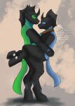 absurd_res after_transformation biped black_body black_fur blue_eyes changeling_(mlp) duo female forced friendship_is_magic fur green_eyes hasbro hi_res humanoid husband husband_and_wife male male/female married_couple my_little_pony tail text transformation translation_check translation_request un_gato_cualquiera wife
