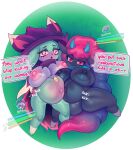 2026 :3 anthro areola bedroom_eyes belly_blush big_areola big_breasts big_ears black_areola black_body black_nipples black_nose blue_horn blush body_blush bread_loaf breasts clothing collar daedream digital_drawing_(artwork) digital_media_(artwork) duo english_text female female_anthro fetal_movement floppy_ears gameplay_mechanics genitals grass gui hair hat headgear headwear health_bar heart_symbol hi_res horn huge_breasts hunger_bar katress long_hair looking_at_viewer multicolored_hair narrowed_eyes navel nipples nude open_mouth outie_navel pal_(species) palmorph palworld pink_areola pink_nipples plant pocketpair pregnant pregnant_anthro pregnant_female purple_breasts purple_clothing purple_hat purple_headwear raikissu red_eyes seductive shaded simple_background sparkles speech_bubble spiked_collar spikes text thick_thighs white_background witch_hat
