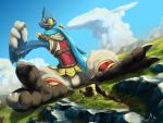  2019 anthro avian bird_feet black_feet blue_body blue_feathers breath_of_the_wild cloud detailed_background feathers featureless_crotch hi_res looking_at_viewer macro magpi male mega_macro nintendo outside revali rito sitting solo spread_legs spreading the_legend_of_zelda video_games 